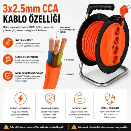  40 METRE Makaralı Uzatma Kablosu 3x2.5mm-  Güçlü ve Dayanıklı