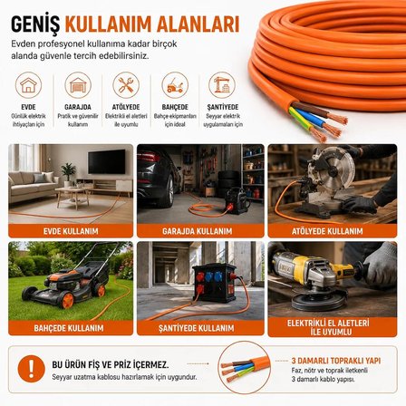 25 METRE 3x2,5 mm² TTR Kablo, Turuncu Seyyar Elektrik Kablosu Topraklı 3 Damarlı