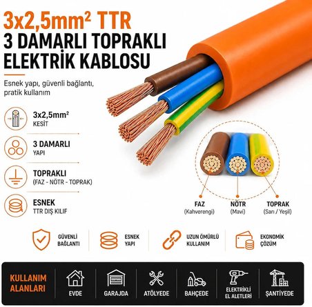  5 METRE 3x2,5 mm² TTR Kablo, Turuncu Seyyar Elektrik Kablosu Topraklı 3 Damarlı