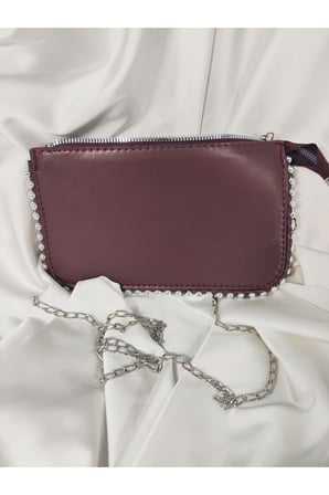 Bordo Şarap Taşlı Kenar Detaylı Boncuklu Portföy Clutch El Çantası