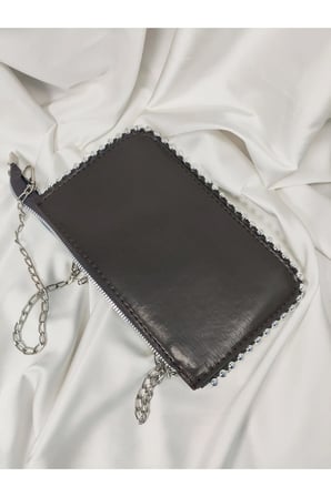Kahverengi Taşlı Kenarlı Gümüş Zincir Askılı Portföy Clutch Çanta