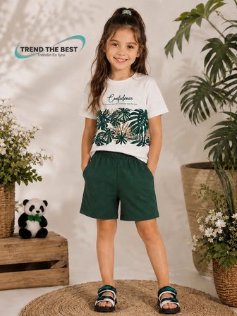 Yazlık Confidence Yeşil Yapraklar Baskılı Kız Çocuk Yeşil Şort, Beyaz T-Shirt Takım