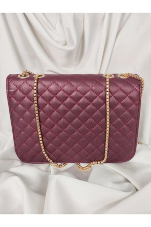 Bordo Baklava Kapitone Gold Zincir Saplı Klasik Flap Omuz Çantası