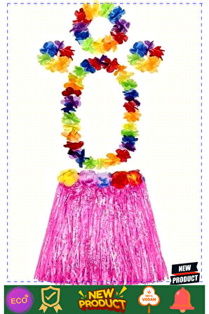 Yetişkin ve Çocuk Uyumlu Luau Aloha Hawaii Pembe Etek ve Renkli Kolye Taç 2 Adet Bileklik Seti 1 Ade
