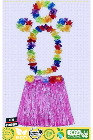 Yetişkin ve Çocuk Uyumlu Luau Aloha Hawaii Pembe Etek ve Renkli Kolye Taç 2 Adet Bileklik Seti 1 Ade