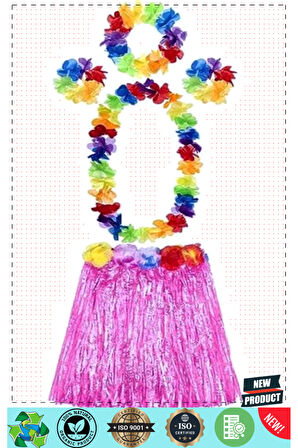 Yetişkin ve Çocuk Uyumlu Luau Aloha Hawaii Pembe Etek ve Renkli Kolye Taç 2 Adet Bileklik Seti 1 Ade