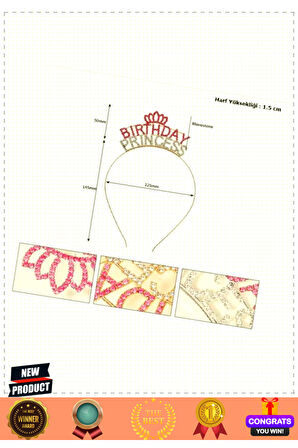 Kristal Taşlı Pembe Birthday Princess Yazılı Parti Tacı 19x11cm Kız Erkek Çocuk Oyuncakları E