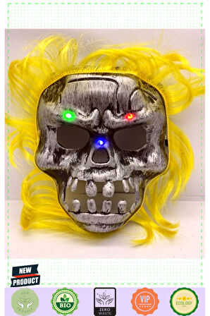 Sarı Saçlı Led Işıklı Kuru Kafa Iskelet Korku Maskesi 22x25cm Kız Erkek Çocuk Oyuncakları Eği