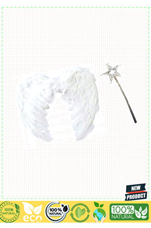 Beyaz Renk Orta Boy Çocuk Melek Kanadı 35x50cm Ve Beyaz Ponponlu Asa Kız Erkek Çocuk Oyuncakl