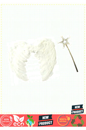 Beyaz Renk Orta Boy Çocuk Melek Kanadı 35x50cm Ve Beyaz Ponponlu Asa Kız Erkek Çocuk Oyuncakl