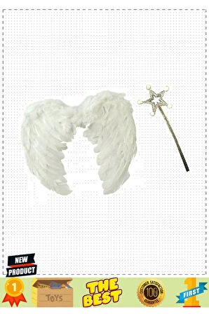 Beyaz Renk Orta Boy Çocuk Melek Kanadı 35x50cm Ve Beyaz Ponponlu Asa Kız Erkek Çocuk Oyuncakl