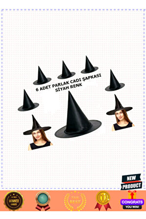 Halloween Siyah Renk Parlak Dralon Cadı Şapkası Yetişkin Ve Çocuk Uyumlu 6 Adet Kız Erkek Çoc