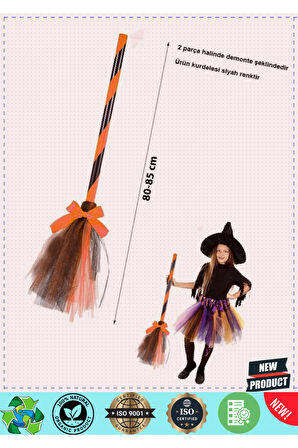Turuncu Cadı Süpürgesi-halloween Siyah Fiyonklu Tüllü Cadı Süpürgesi 80-85cm Kız Erkek Çocuk