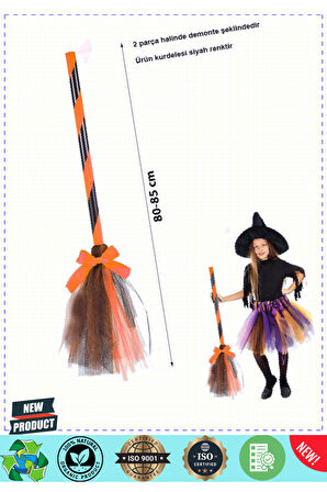 Turuncu Cadı Süpürgesi-halloween Siyah Fiyonklu Tüllü Cadı Süpürgesi 80-85cm Kız Erkek Çocuk