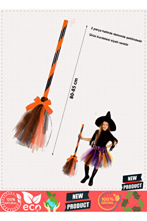 Turuncu Cadı Süpürgesi-halloween Siyah Fiyonklu Tüllü Cadı Süpürgesi 80-85cm Kız Erkek Çocuk