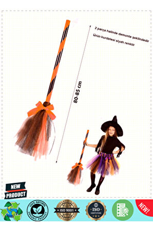 Turuncu Cadı Süpürgesi-halloween Siyah Fiyonklu Tüllü Cadı Süpürgesi 80-85cm Kız Erkek Çocuk