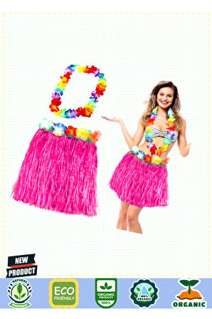 Hawaii Luau Aloha Pembe Püsküllü 40Cm Etek ve Hawaii Kolye Seti 1 Gram Kız Erkek Çocuk Oyuncakları E