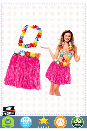 Hawaii Luau Aloha Pembe Püsküllü 40Cm Etek ve Hawaii Kolye Seti 1 Gram Kız Erkek Çocuk Oyuncakları E
