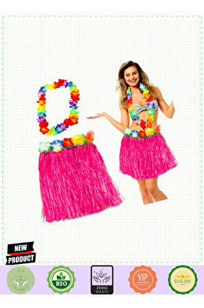Hawaii Luau Aloha Pembe Püsküllü 40Cm Etek ve Hawaii Kolye Seti 1 Gram Kız Erkek Çocuk Oyuncakları E