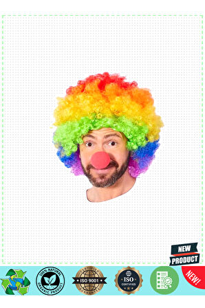 Rengarenk Gökkuşağı Afro Bonus Peruk Ve Kırmızı Renk Sünger Burun 120gr Kız Erkek Çocuk Oyunc