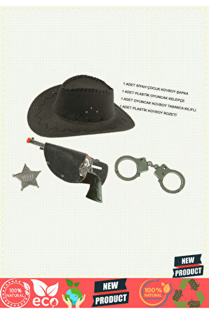 Çocuk Boy Siyah Kovboy Şapka Tabanca Rozet ve Kelepçe Seti 4 Parça 1 Adet Kız Erkek Çocuk Oyuncaklar