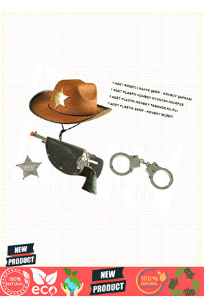 Çocuk Boy Kahverengi Şerif-Kovboy Şapka Tabanca Rozet ve Kelepçe Seti 4 Parça 1 Adet Kız Erkek Çocuk