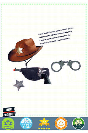 Çocuk Boy Kahverengi Şerif-Kovboy Şapka Tabanca Rozet ve Kelepçe Seti 4 Parça 1 Adet Kız Erkek Çocuk