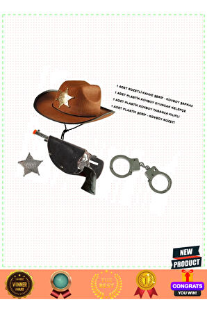 Çocuk Boy Kahverengi Şerif-Kovboy Şapka Tabanca Rozet ve Kelepçe Seti 4 Parça 1 Adet Kız Erkek Çocuk