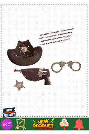 Çocuk Boy Siyah Şerif-Kovboy Şapka Tabanca Rozet ve Kelepçe Seti 4 Parça 1 Adet Kız Erkek Çocuk Oyun