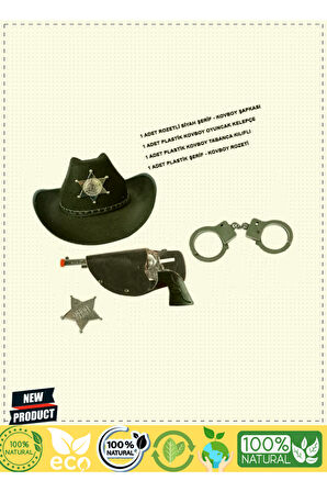 Çocuk Boy Siyah Şerif-Kovboy Şapka Tabanca Rozet ve Kelepçe Seti 4 Parça 1 Adet Kız Erkek Çocuk Oyun