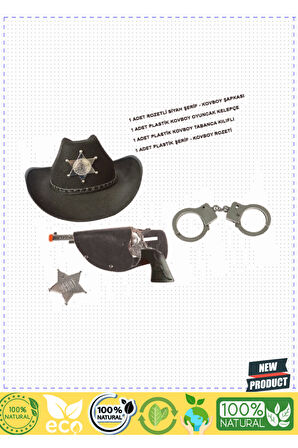 Çocuk Boy Siyah Şerif-Kovboy Şapka Tabanca Rozet ve Kelepçe Seti 4 Parça 1 Adet Kız Erkek Çocuk Oyun