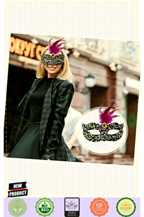 Siyah Kadife Üzeri Rengarenk Payetli Pullu Pembe Tüylü Pembe Taşlı Parti Maskesi 19x21cm Kız