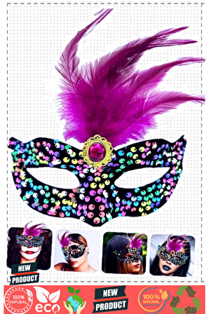 Siyah Kadife Üzeri Rengarenk Payetli Pullu Pembe Tüylü Pembe Taşlı Parti Maskesi 19x21cm Kız
