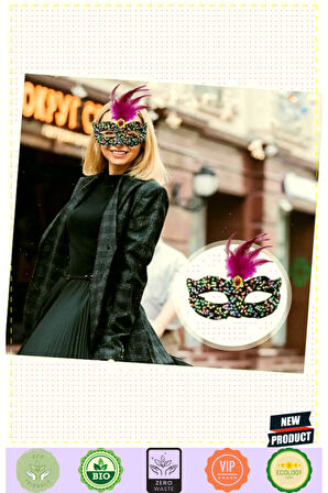 Siyah Kadife Üzeri Rengarenk Payetli Pullu Pembe Tüylü Pembe Taşlı Parti Maskesi 19x21cm Kız