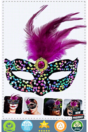 Siyah Kadife Üzeri Rengarenk Payetli Pullu Pembe Tüylü Pembe Taşlı Parti Maskesi 19x21cm Kız