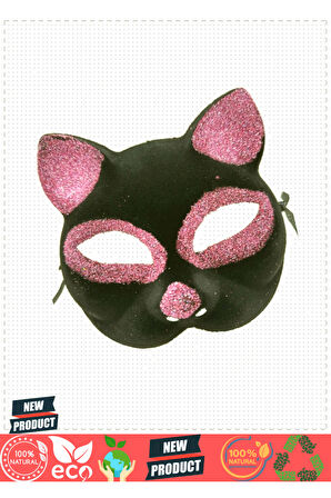 Siyah Renk Pembe Simli Süet Kedi Maskesi 18x14cm Kız Erkek Çocuk Oyuncakları Eğitici Oyuncakl