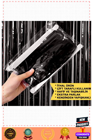 Siyah Renk Ekstra Metalize Parlak Saçaklı Arka Fon Perde Ithal A Kalite 1x2 Metre Kız Erkek Ç