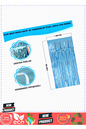 Açık Mavi Renk Ekstra Metalize Parlak Saçaklı Arka Fon Perde Ithal A Kalite 1x2 Metre Kız Erk