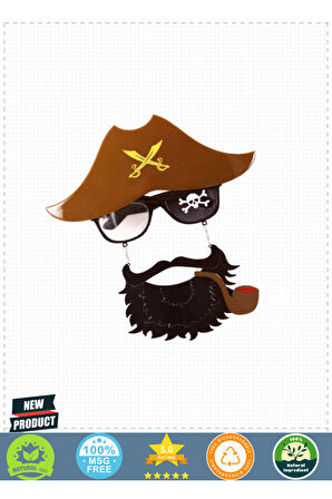 Kahve Renk Şapkalı Siyah Sakallı Pipolu Jack Sparrow Denizci Korsan Gözlüğü 24x25cm Kız Erkek
