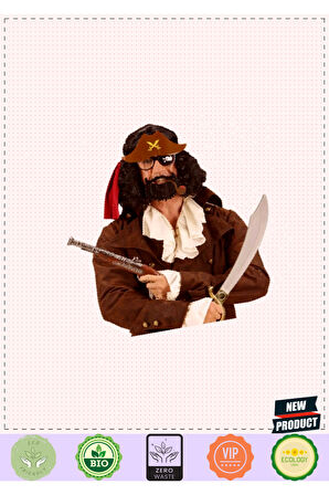 Kahve Renk Şapkalı Siyah Sakallı Pipolu Jack Sparrow Denizci Korsan Gözlüğü 24x25cm Kız Erkek