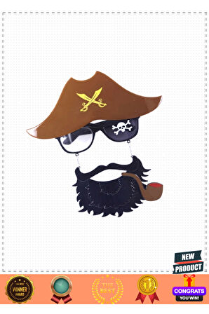 Kahve Renk Şapkalı Siyah Sakallı Pipolu Jack Sparrow Denizci Korsan Gözlüğü 24x25cm Kız Erkek