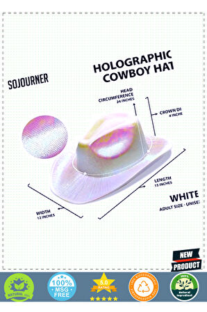 Neon Hologramlı Kovboy Model Parti Şapkası Beyaz Yetişkin 39x36x14cm Kız Erkek Çocuk Oyuncakl