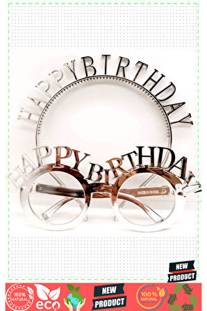 Happy Birthday Yazılı Taç Ve Happy Birthday Yazılı Gözlük Seti Gümüş Renk Kız Erkek Çocuk Oyu