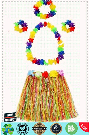 Yetişkin ve Çocuk Uyumlu Luau Aloha Hawaii Kolye Renkli Etek Taç ve Bileklik Seti 1 Gram Kız Erkek Ç