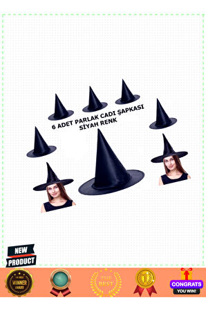 Halloween Siyah Renk Parlak Dralon Cadı Şapkası Yetişkin ve Çocuk Uyumlu 6 Adet 1 Gram Kız Erkek Çoc