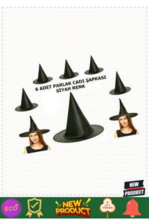 Halloween Siyah Renk Parlak Dralon Cadı Şapkası Yetişkin ve Çocuk Uyumlu 6 Adet 1 Gram Kız Erkek Çoc