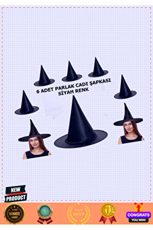 Halloween Siyah Renk Parlak Dralon Cadı Şapkası Yetişkin ve Çocuk Uyumlu 6 Adet 1 Gram Kız Erkek Çoc