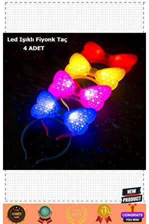 Led Işıklı 3 Farklı Yanıp Sönen Rengarenk Fiyonk Model Parti Taçları 4 Adet 1 Gram Kız Erkek Çocuk O
