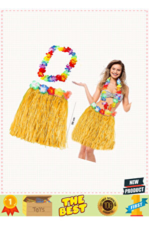 Hawaii Luau Aloha Sarı Püsküllü 50Cm Etek ve Hawaii Kolye Seti 1 Gram Kız Erkek Çocuk Oyuncakları Eğ