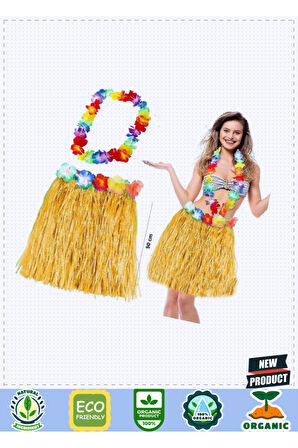 Hawaii Luau Aloha Sarı Püsküllü 50Cm Etek ve Hawaii Kolye Seti 1 Gram Kız Erkek Çocuk Oyuncakları Eğ